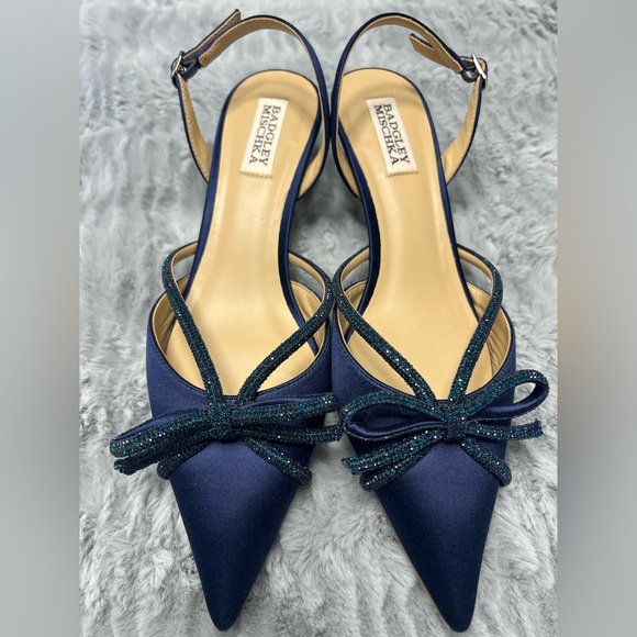 Badgley Mischka Navy Blue Heels with Glitter Bow - Picture 1 of 8